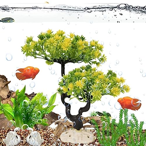 PetzLifeworld 10 Inch (26 * 14 * 12 Cm) Green with White Bush Plastic  Aquarium Trees for Fish Tank Ornament Natural Design Decorations (ST-1030)