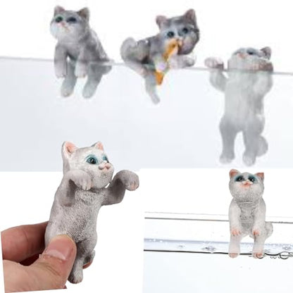 PetzLifeworld 3 Pcs Cute Tiny Hanging Grey Kitten Cat On Fish Tank, Flower Pot Climber Mini Cat Statue, Desktop Hanging Ornament Decoratio