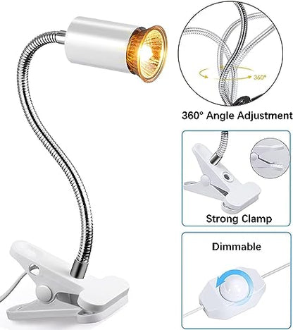 White Reptile Heat Lamp, UVA UVB Light for Aquarium Turtle Tank, with 50w Basking Bulb and 360° Swivel Clamp Stand for Tortoise, Snake, Frog, Lizard, Cockatoo, Chameleon. Halogen, Yellow Light