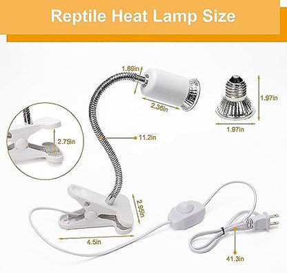 White Reptile Heat Lamp, UVA UVB Light for Aquarium Turtle Tank, with 50w Basking Bulb and 360° Swivel Clamp Stand for Tortoise, Snake, Frog, Lizard, Cockatoo, Chameleon. Halogen, Yellow Light