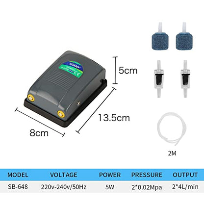 Sobo SB-648 Dual Outlet Silent Aquarium Qxygen Pump with Free 3 Meter Air Tube, 2 Air Stone and 2 Check Valve | Power : 5W | Output : 2 * 4L/min | Pressure : 2 * 0.02mpa