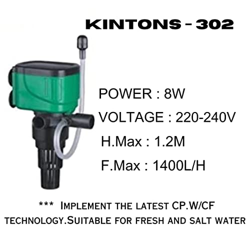 Kintons ECO Green Series Multi-Function Aquarium Rotary Pump | Power : 8W | Output : 1400L/H | Lifting Height : 1.2M (KT:302)