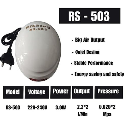 RS Electrical (RS 503) Low Noise Air Pump For Aquarium Fish Tank with Airtube, Air Stone & Ckeck Valve | High Performace | Two Outlet | Power : 3.0W | Output : 0.020*2L/min | Suitable For 200-300 Litre Tank