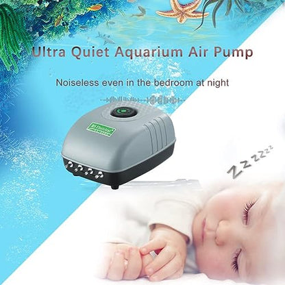 RS Electrical (RS-9902) Adjustable Type and Super Noiseless Aquarium Air Pump with Air Tube & Air Stone | Output :8L/Min | Power : 8W | Pressure : 0.015mpa (4 Air Outlets)