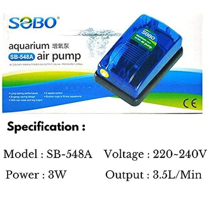 SOBO Energy Saving Design (Single Outlet) Air Pump for Aquarium Fish Tank with Free 2 Meter Air Tube, 1 Air Stone & 1 Check Valve | Power : 3W | Output : 3.5L/H | Pressure ; 0.02Mpa (SB-548A)