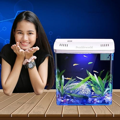 Petzlifeworld Mini Square Shape Aquarium Small Desktop Home Decortive Fish Tank with USB Connector, Multi Mode LED Light, Ultra Silent Pump for Small Fishes (BL 04 ,Size : 20x14x20CM)