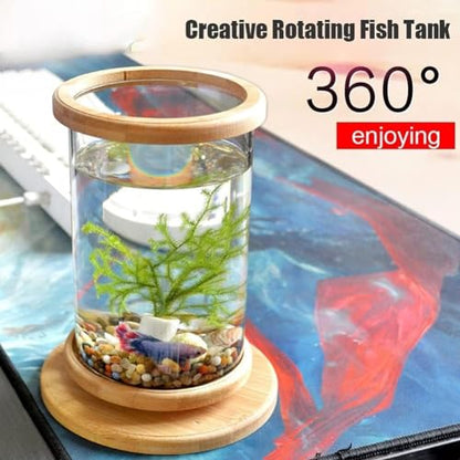 PetzLifeworld Mini Glass Cyl Shape Wooden Bamboo Base 360 Degree Rotating Closed Deskop, Table Home Decoration Bowl Aquarium Fish Tank with Top LED Light for Betta | 15CM*10CM