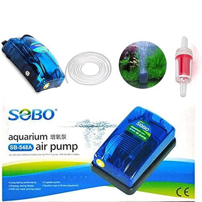 SOBO Energy Saving Design (Single Outlet) Air Pump for Aquarium Fish Tank with Free 2 Meter Air Tube, 1 Air Stone & 1 Check Valve | Power : 3W | Output : 3.5L/H | Pressure ; 0.02Mpa (SB-548A)