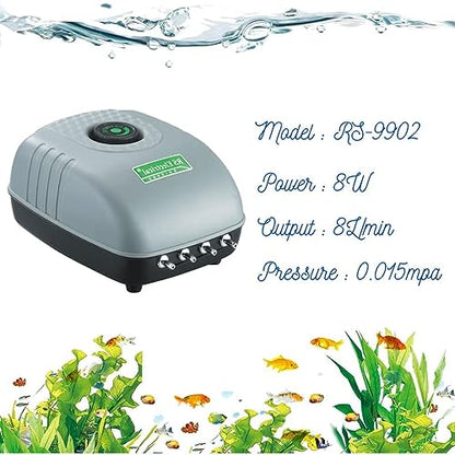 RS Electrical (RS-9902) Adjustable Type and Super Noiseless Aquarium Air Pump with Air Tube & Air Stone | Output :8L/Min | Power : 8W | Pressure : 0.015mpa (4 Air Outlets)