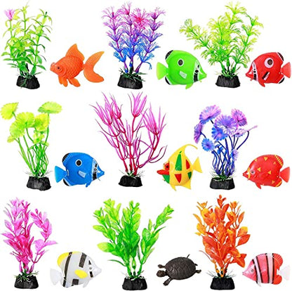 PetzLifeworld Aquarium Fish Tank Decorative Artificial 4 inch Small Plants and Plastic Fish (9 Plants + 9 Fish) Random Plants and Fish