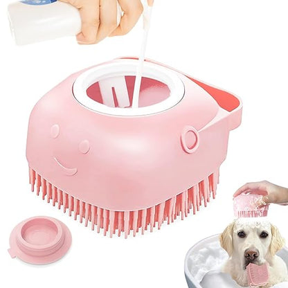 Petzlifeworld Pet Grooming Bath Massage Brush with Soap and Shampoo Dispenser Soft Silicone Bristle for Long Short Haired Dogs Cats Shower