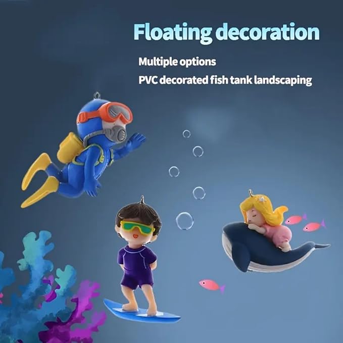 Petzlifeworld 3 Pcs Floating Fish Tank Decorations | Cute Little Diver, Surfer boy, Whale-Riding Girl for Aquarium Decorations, Desktop Ornaments