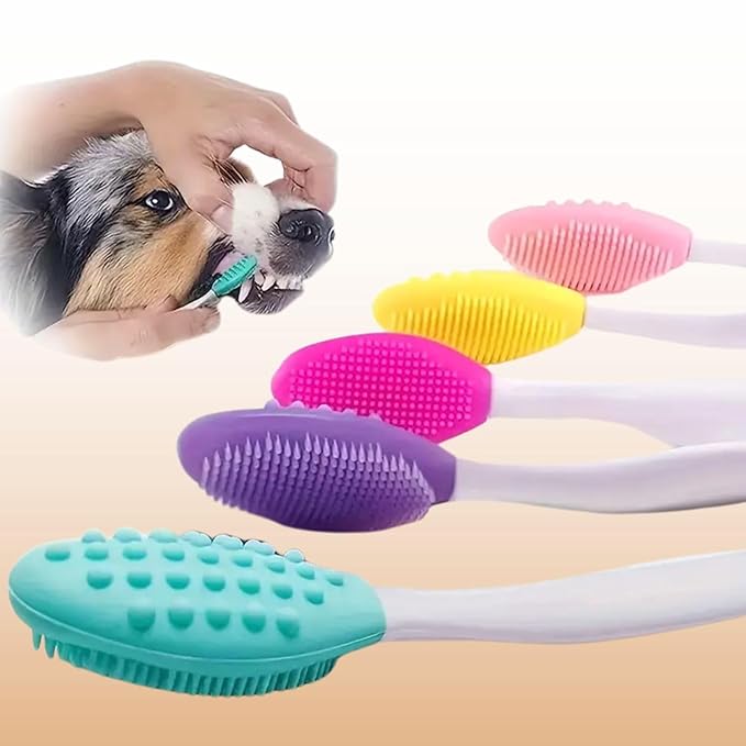 2-Pack Silicone Curved Long Handle Toothbrush for Small & Large Dogs (Random Color) Dual-Sided Gentle Teeth & Tongue Cleaning Brush