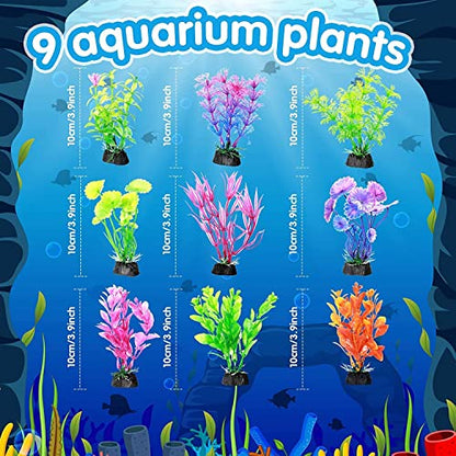 PetzLifeworld Aquarium Fish Tank Decorative Artificial 4 inch Small Plants and Plastic Fish (9 Plants + 9 Fish) Random Plants and Fish