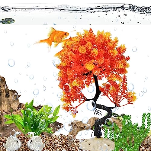 PetzLifeworld 10 Inch (26 * 16 * 12 Cm) Red with Yellow Colour Bush Plastic Aquarium Tree for Fish Tank Ornament Natural Design Decorations (ST-1016)