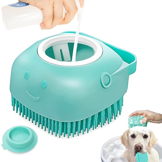 Petzlifeworld Pet Grooming Bath Massage Brush with Soap and Shampoo Dispenser Soft Silicone Bristle for Long Short Haired Dogs Cats Shower