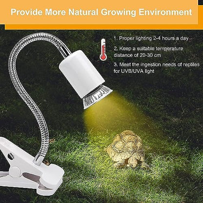 White Reptile Heat Lamp, UVA UVB Light for Aquarium Turtle Tank, with 50w Basking Bulb and 360° Swivel Clamp Stand for Tortoise, Snake, Frog, Lizard, Cockatoo, Chameleon. Halogen, Yellow Light