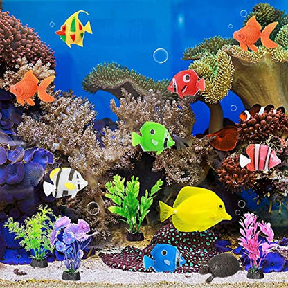 PetzLifeworld Aquarium Fish Tank Decorative Artificial 4 inch Small Plants and Plastic Fish (9 Plants + 9 Fish) Random Plants and Fish