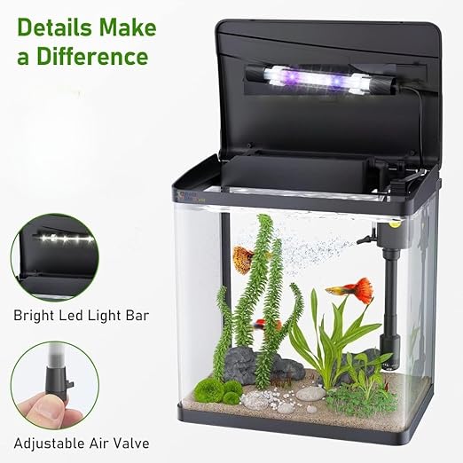 Nemo (RX-230 Thunder Black) Aquarium Starter Kit Small Glass Betta Fish Tank Desktop with Filter Pump LED Light, Crystal Clear 360° Viewing, Shatter-Resistant & Leak-Proof Base|Size - 28*23*16cm
