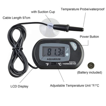 Petzlifeworld Black Digital LCD Thermometer with Suction Cups for Aquarium Fish Tank Vivarium