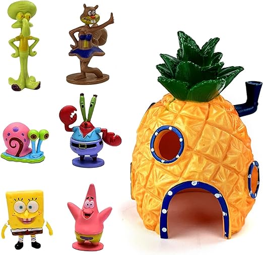 Petzlifeworld 2 in 1 Combo Cute Spongebob Figure Model with Colourful Pineapple House Fish Hiding Cave Aquarium Fish Tank Landscape Ornaments