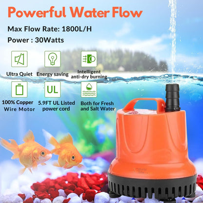 Petzlifeworld XL-1800D | 30 W | 1800L/Hr | Lifts Upto 2M Submersible Bottom Suction Water Pump With 2-Nozzles