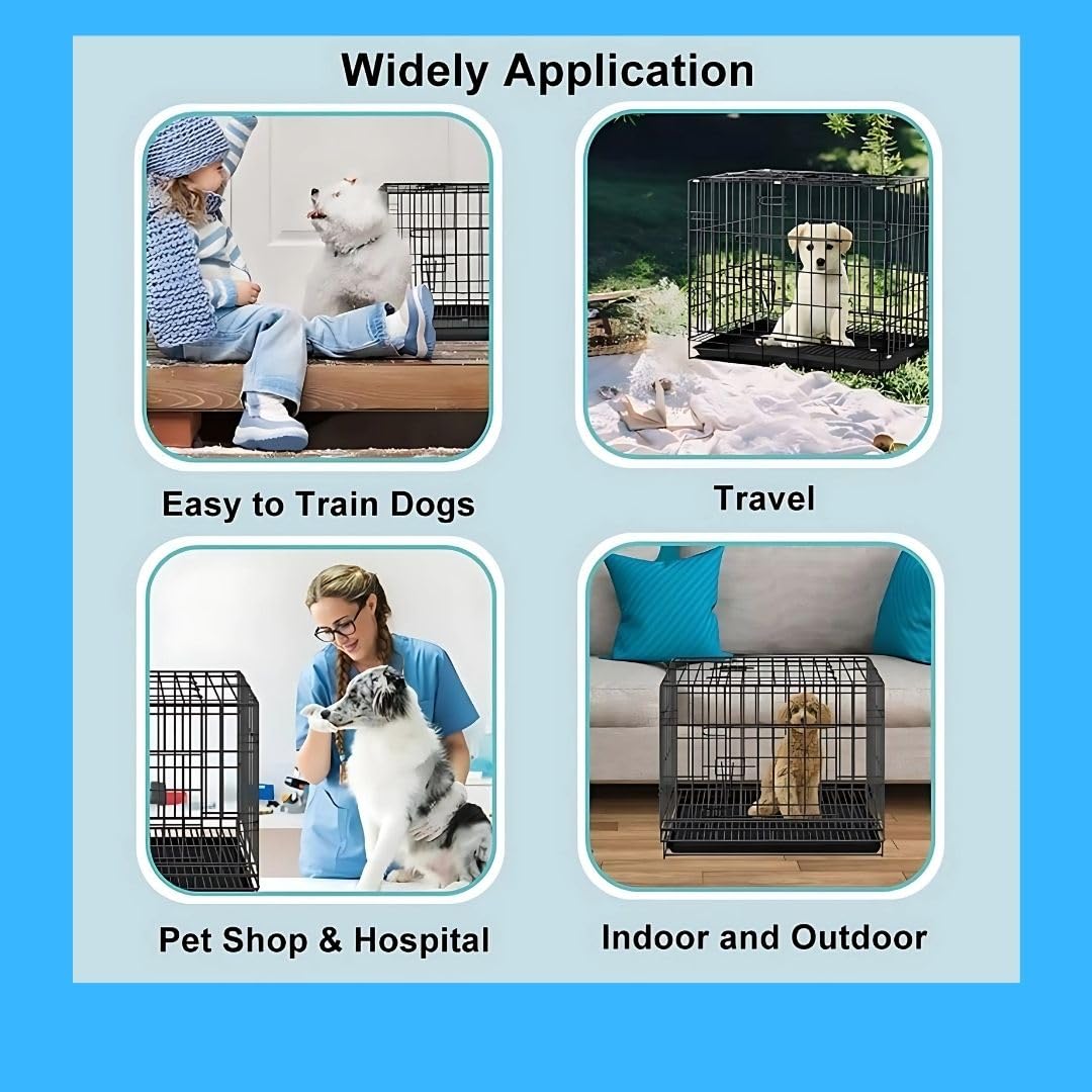 Petzlifeworld (18 Inch) Blue Dog Cage with Removable Tray, Double Door Folding Dog Cage