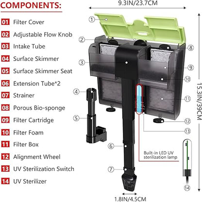 YEE Built in UV Light Fitted Hang On Back Filter (YBB-007) - 8 Watts, 650L/Hr with Surface Skimmer and Flow Control Knob for Aquarium Fish Tank Clear Water