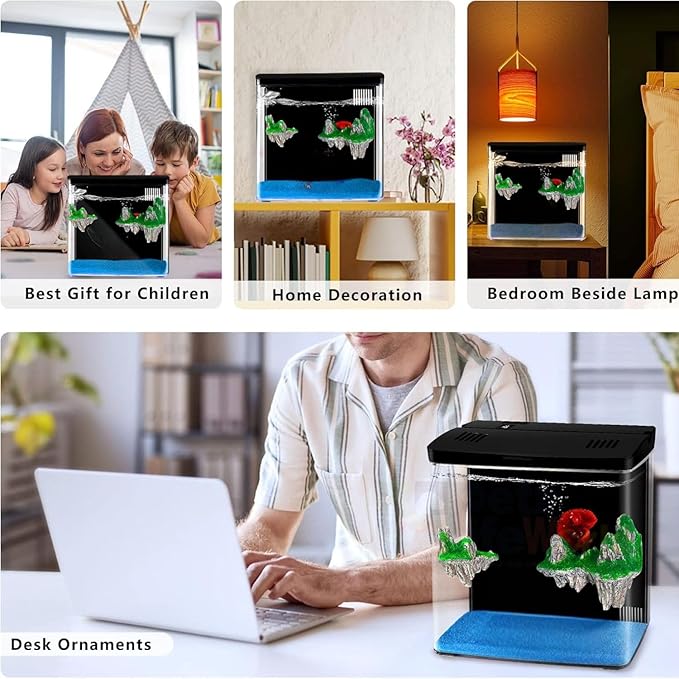 Petzlifeworld Mini Square Shape Aquarium Small Desktop With Mini Mountain Home Decortive Fish Tank with USB Connector, Multi Mode LED Light, Ultra Silent Pump for Small Fishes (Black, Size : 20x15x20.5CM)