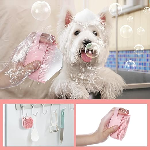 Petzlifeworld Pet Grooming Bath Massage Brush with Soap and Shampoo Dispenser Soft Silicone Bristle for Long Short Haired Dogs Cats Shower