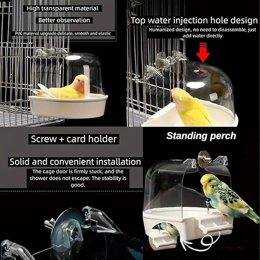 Petzlifeworld Transparent Bird Bath Tub with Standing Perch for Birds Cage Small Birds Bathing Box (Random Color) Clear PC Material