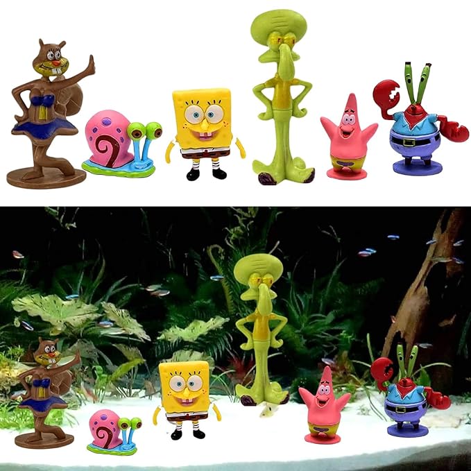 Petzlifeworld 6 Pcs Cute Spongebob Figure Model Aquarium Fish Tank Landscape Ornaments | Cute & Lifelike Ornaments for a Magical Underwater World