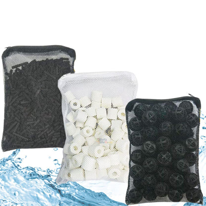 Petzlifeworld Aquarium Filtration Trio- 15 Pcs Bio Ball, Carbon-250G and Ceramic Ring-250g with Net Bag