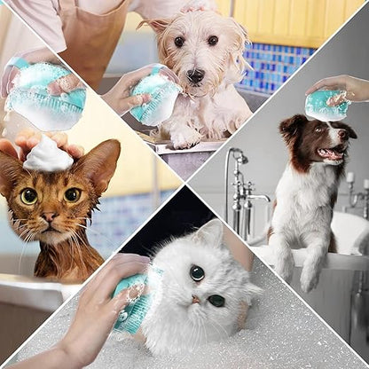 Petzlifeworld Pet Grooming Bath Massage Brush with Soap and Shampoo Dispenser Soft Silicone Bristle for Long Short Haired Dogs Cats Shower