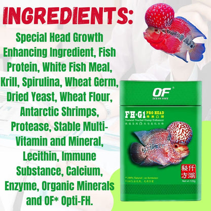 Ocean Free (Original) FH-G1 PRO Head, Natural Nuchal Hump Enhancer & FH-G1 RED Syn, Natural Colour Enhancer with Nuchal Hump Promoter (2x120G) Flower Horn Fish Food Combo