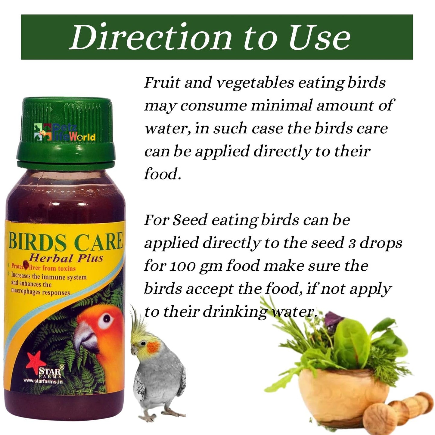 Petzlifeworld Birds Care Herbal Plus Tonic, 60 ML (Pack of 2) for All Birds Health Supplements