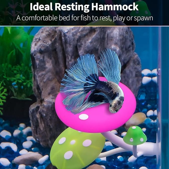 Petzlifeworld 1 Pcs Glowing Effect Betta Mushroom Hammock Soft Aquarium Rest Bed Fish Breeding Playing Pad with Suction Cup Silicone Ornament Decoration