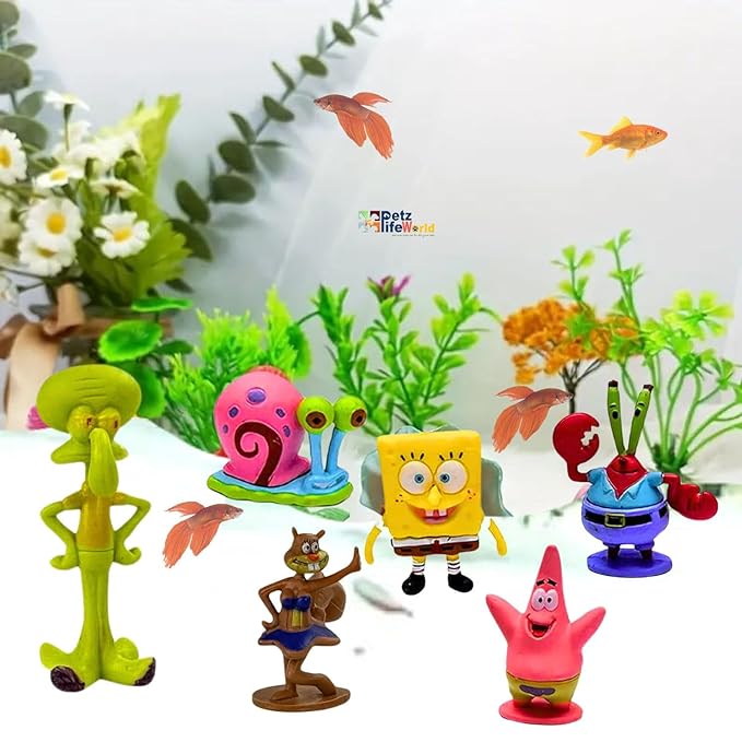 Petzlifeworld 6 Pcs Cute Spongebob Figure Model Aquarium Fish Tank Landscape Ornaments | Cute & Lifelike Ornaments for a Magical Underwater World