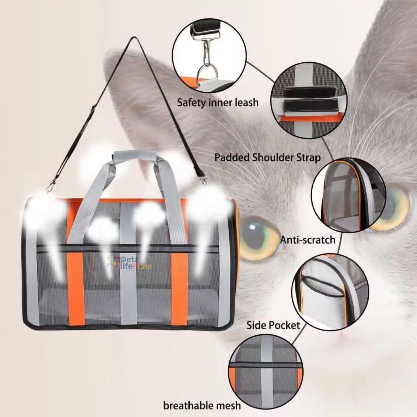 Petzlifeworld Cat & Dog Carrying Bag Outgoing Travel Pets Handbag Breathable - Grey with Orange