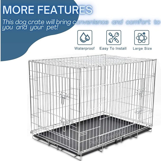 Petzlifeworld 2 Feet (24 Inch) Stainless Steel Dog Cage with Removable Black Tray, Double Door Folding Dog Cage