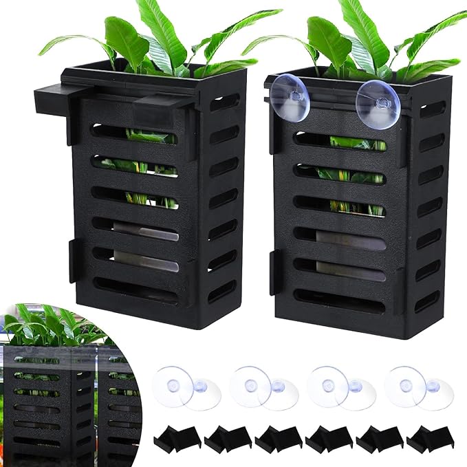 Petzlifeworld 2 Pcs Black Hanging Water Plant Holder (Box Type) Pot for Aquarium Fish Tank, Aquaponics and Hydroponics with Hooks and Suction Cups for Easy Installation