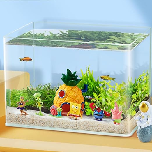 Petzlifeworld 2 in 1 Combo Cute Spongebob Figure Model with Colourful Pineapple House Fish Hiding Cave Aquarium Fish Tank Landscape Ornaments