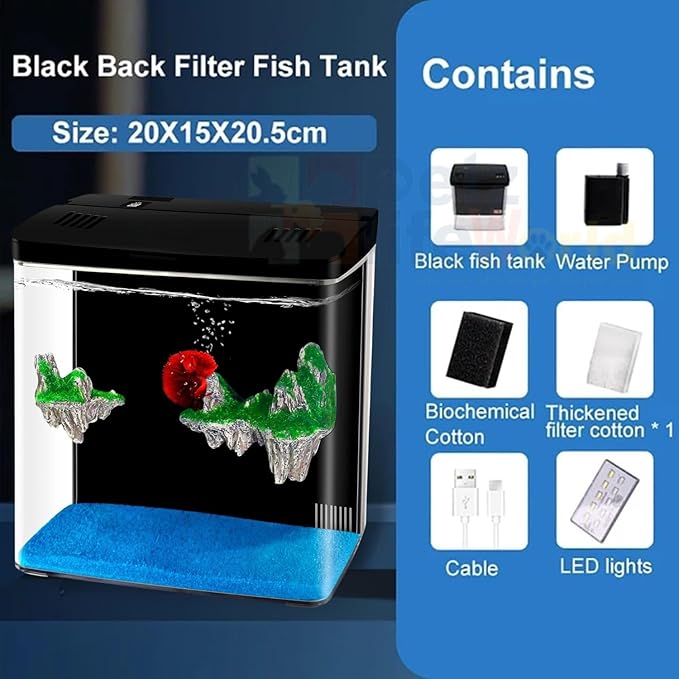 Petzlifeworld Mini Square Shape Aquarium Small Desktop With Mini Mountain Home Decortive Fish Tank with USB Connector, Multi Mode LED Light, Ultra Silent Pump for Small Fishes (Black, Size : 20x15x20.5CM)