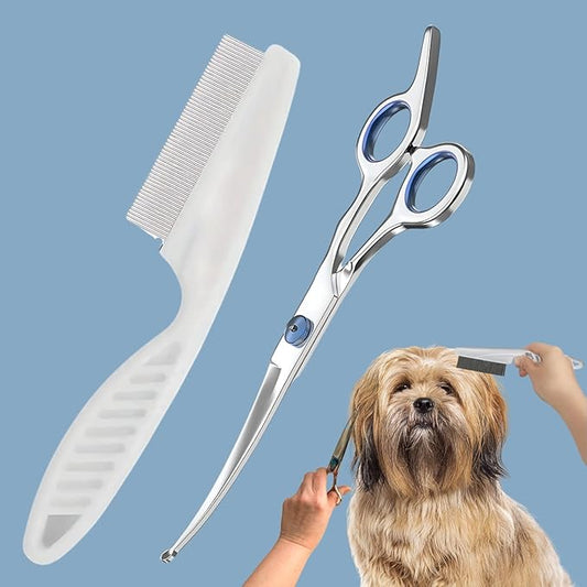 Petzlifeworld 2 in 1 Pet Grooming Accessories (Stainless Steel Needle Flea Comb & Scissor) Removes Tangles, Knots & Tear Stains, Fleas, Ticks, Effective Beauty | Professional Pet Trimming Scissors