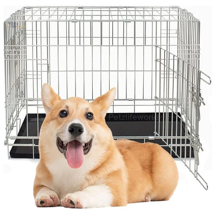 Petzlifeworld 2 Feet (24 Inch) Stainless Steel Dog Cage with Removable Black Tray, Double Door Folding Dog Cage