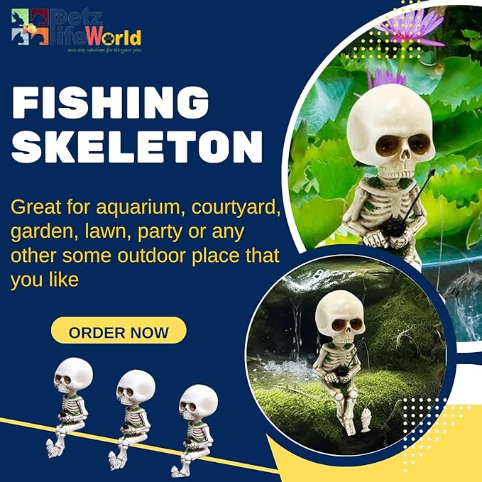 Petzlifeworld Aquarium Fishing Skeleton Decoration, Mini Halloween Skeleton Toy