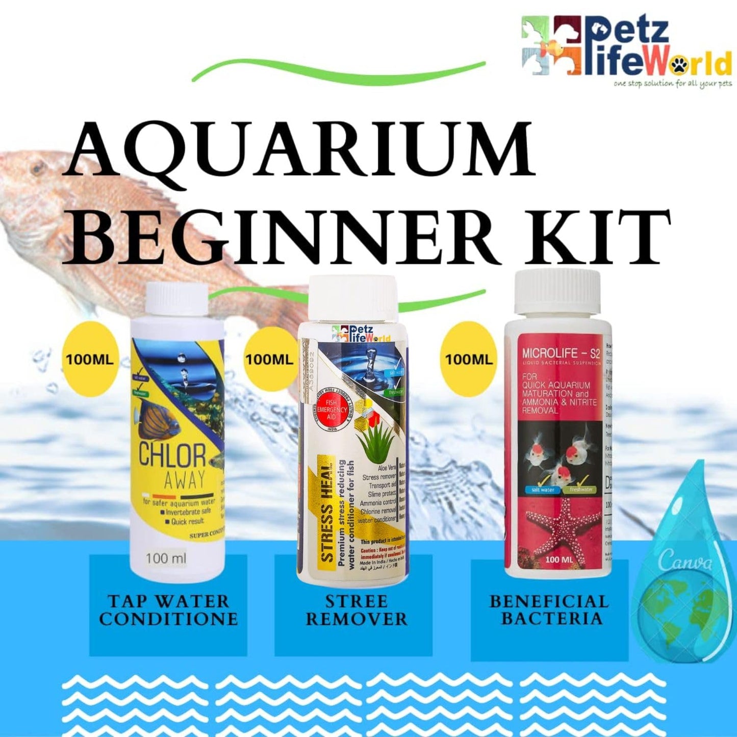 Aquatic Remedies (Pack of 3) Aquarium Fish Tank Water Conditioner Combo | Stress Heal-100ml | Microlife S2-100ml | Chlor Away-100ml