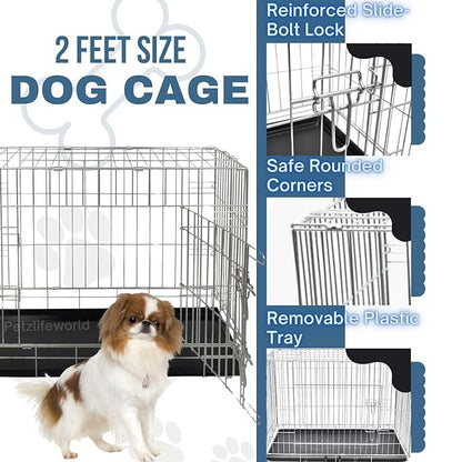 Petzlifeworld 2 Feet (24 Inch) Stainless Steel Dog Cage with Removable Black Tray, Double Door Folding Dog Cage