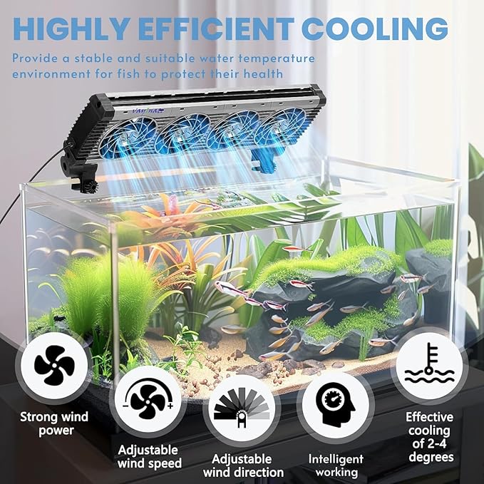 Petzlifeworld Four Head Fish Tank Cooling Fan with External Speed Control Switch, 9 Levels of Wind Control, Angle Adjustable Clip On Chiller (Black & White)