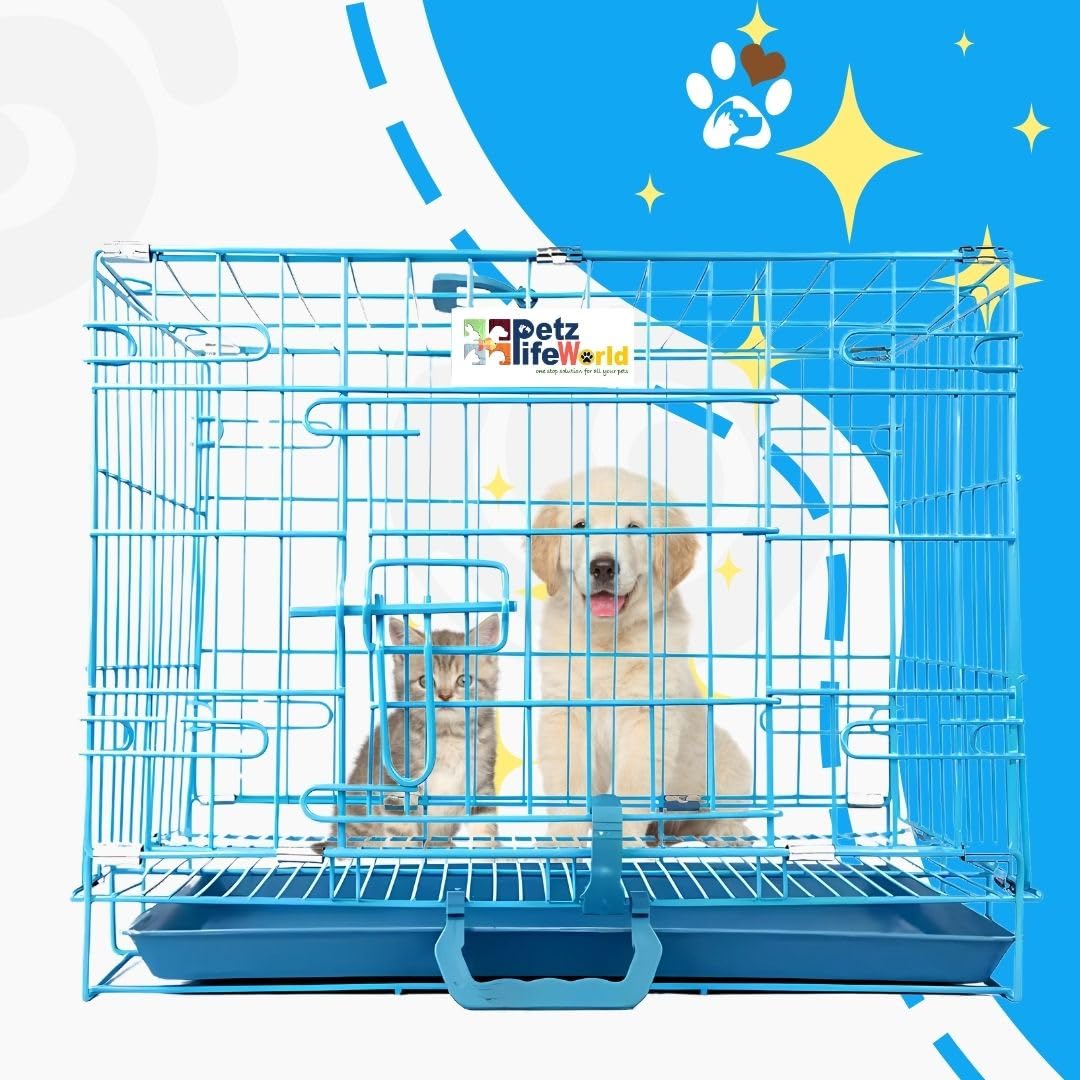 Petzlifeworld (18 Inch) Blue Dog Cage with Removable Tray, Double Door Folding Dog Cage